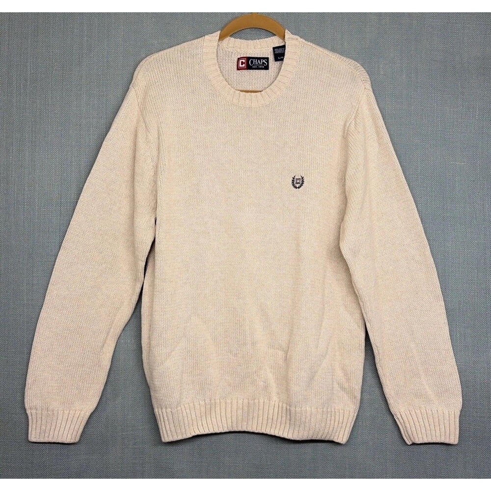 Chaps Men's Cream 100% Cotton Knit Sweater Ribbed Size L EUC
